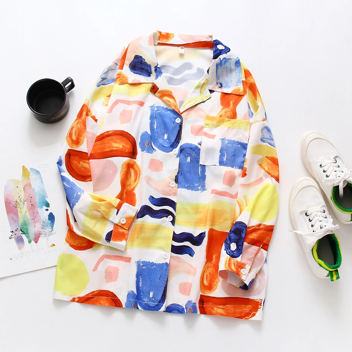 Женская шифоновая блузка Повседневная Свободная рубашка с отложным воротником в