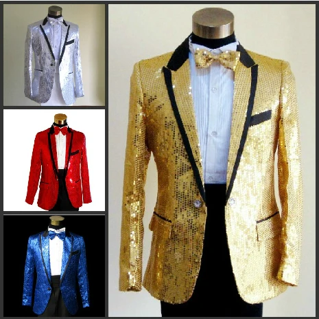 

Black white red blue gold silver sequined slim suit jacket host dress men's costume stage prom party male singer balazer homme