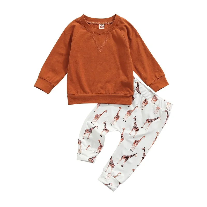 

0-24M Newborn Baby Boy Girl Long Sleeve Pullover Sweatshirt Tops Deer Print Long Pant Trouser 2PCS Autumn Clothing Set