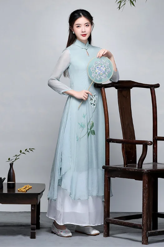 Вьетнамское стильное платье, вьетнамское традиционное платье aodai, имитация двух частей, кружевное платье cheongsam, халат chinoise ao dai