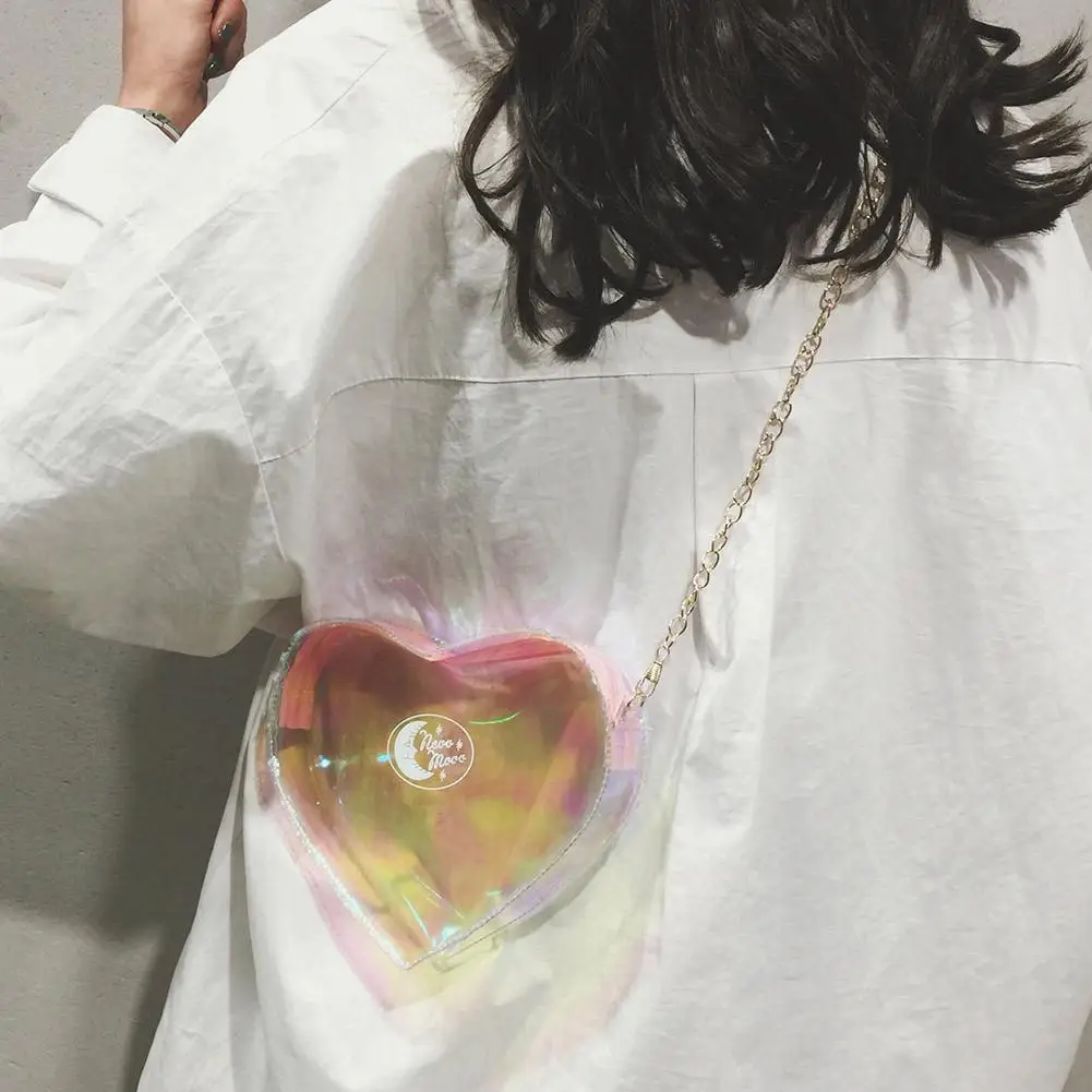 

Girls Casual Clear Heart Shoulder Handbags Women PVC Transparent Small Chain Crossbody Messenger Bags
