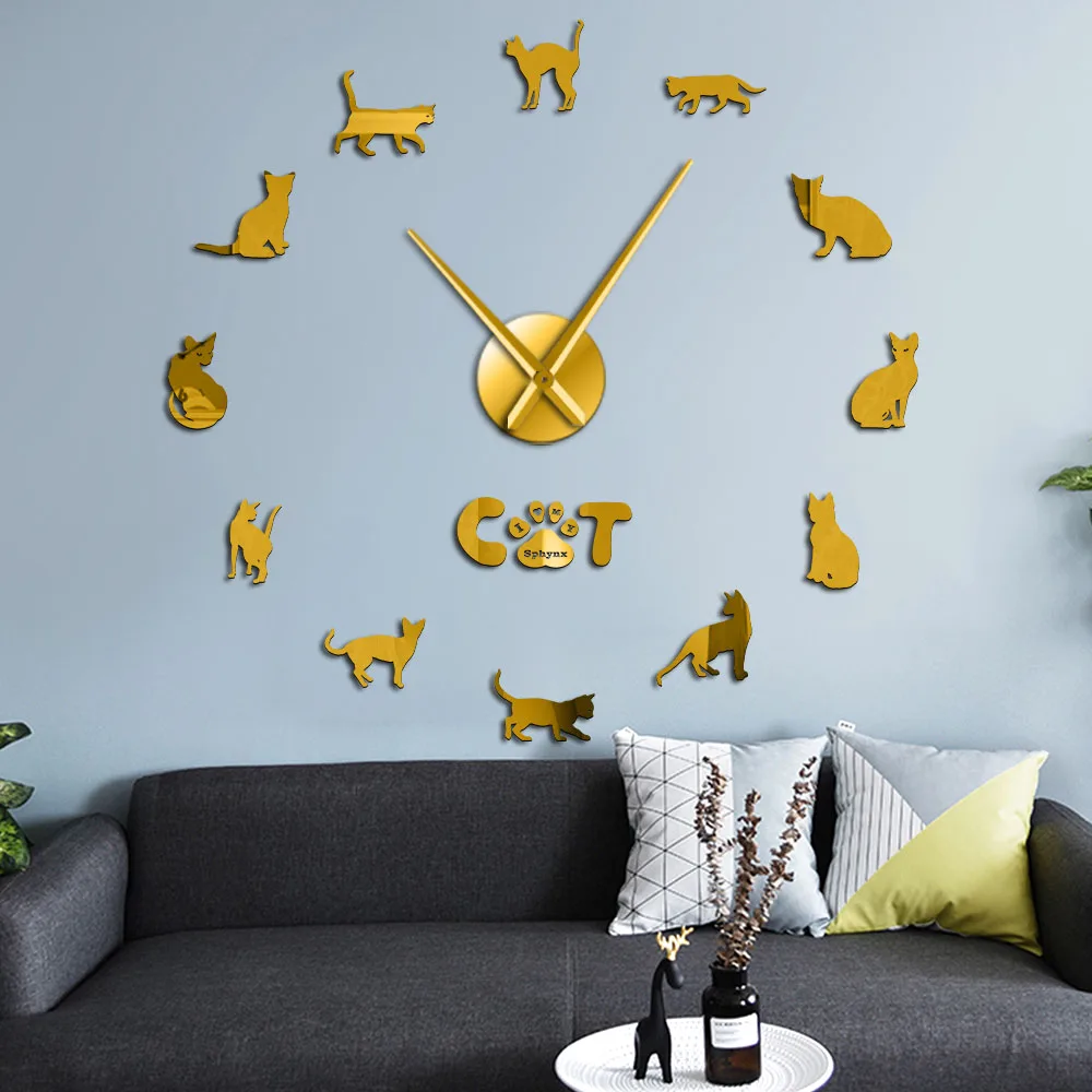 Безволосый Кот Сфинкс Кот 3D DIY настенные часы декор наклейка зеркальный Сфинкс Кот безрамные большие DIY настенные часы набор кошка порода настенное искусство