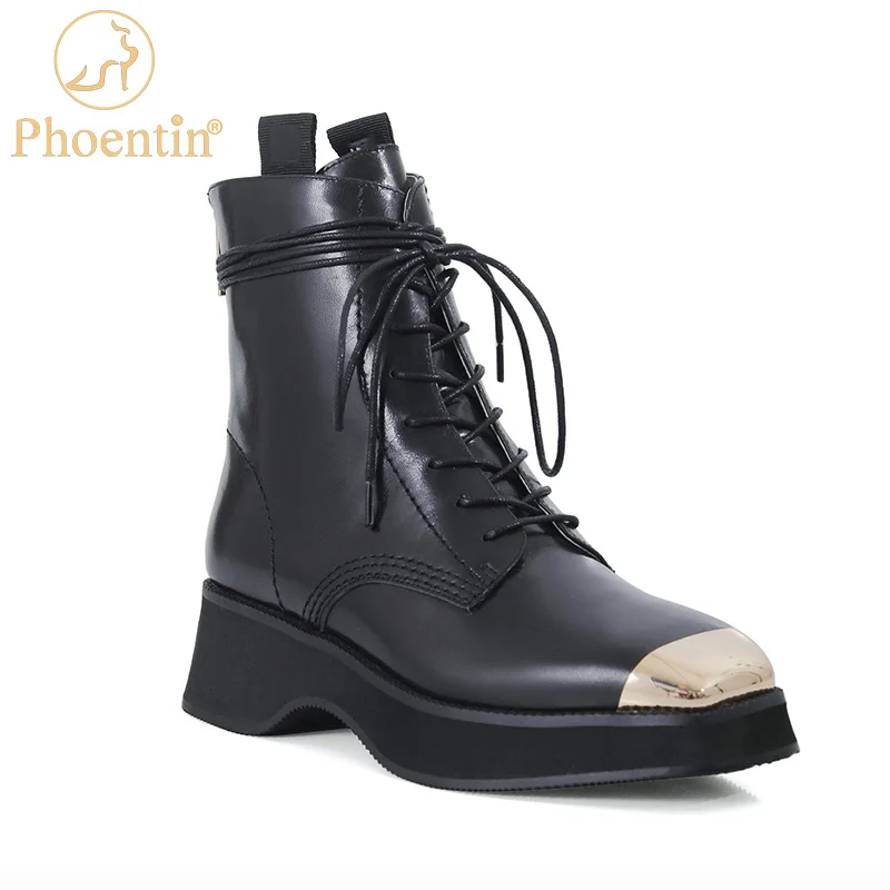 

Phoentin real leather boots for women shoes luxury female metal toe women's heels fall zip platform martin boots street FT1127