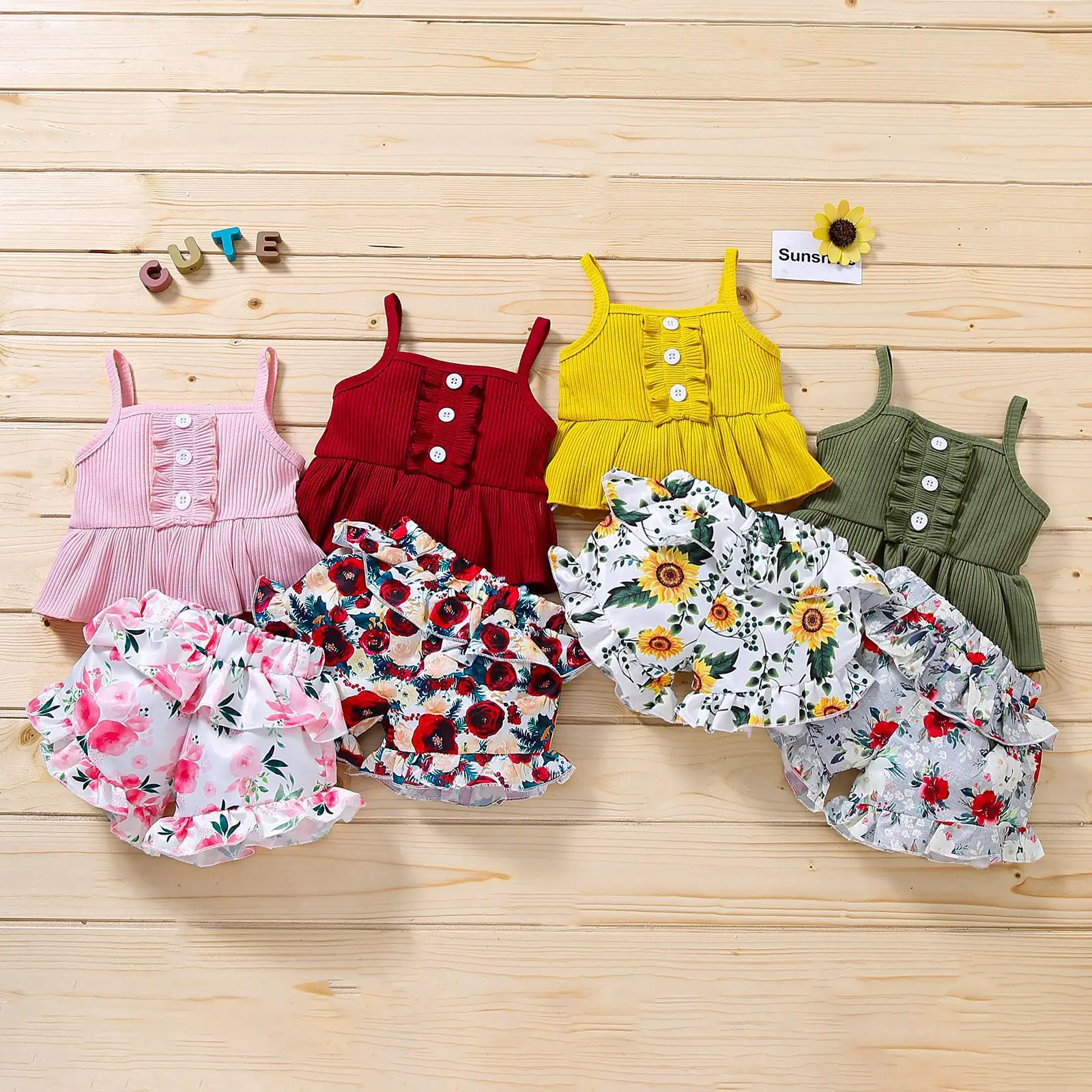 

2021 new baby girls clothes summer sleeveless tank top button+ floral flared ruffled shorts pant cotton toddler otufit 2pcs set