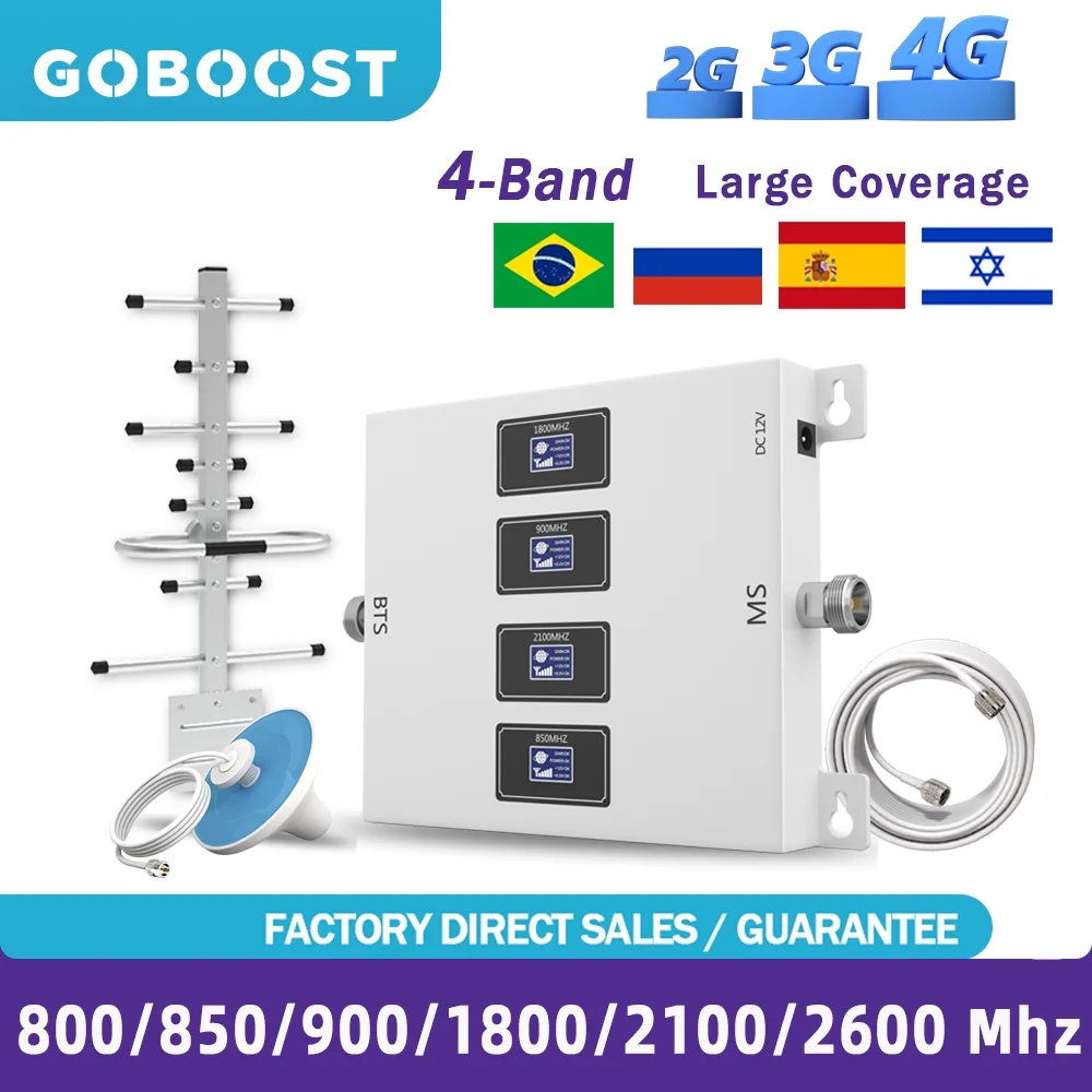 GOBOOST Signal Booster LTE 800 2600 Cellular Repeater 850 2G GSM 900 3G 1800 2100 Mhz 4G 70dB Antenna Network Amplifier Full Kit
