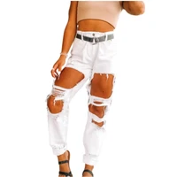 white women jeans ripped high waist loose denim pants high streetwear hollow out jeans causal hole full length female trousers