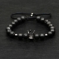 1pcs new design fashion men bracelet natural 8mm lava stone handmade weave crown strand bead bracelets for men classic jewelry