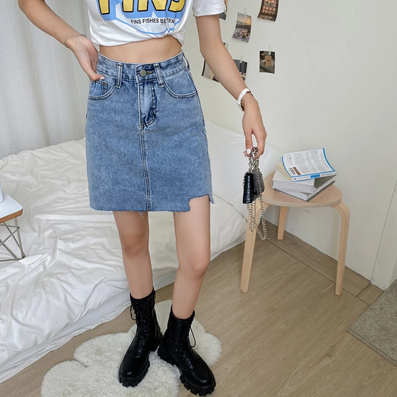 

LY VAREY LIN Summer Streetwear Female High Waist A-line Jeans Skirts Women Asymmetrical Hole Tassel Vintage Denim Short Skirt