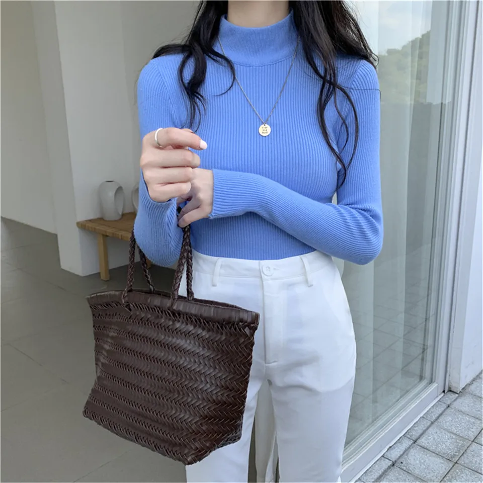 

Осенний вязаный свитер с воротником «хомут», женские зимние облегающие вязаные пуловеры, топ, Повседневные пуловеры с длинным рукавом, свит...