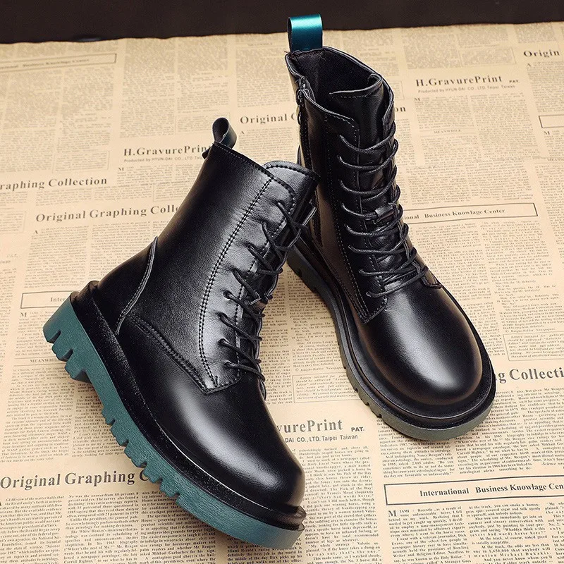 Women's 2022 Fall Fashion Black Leather Platform Gothic Punk Fighting Shoes Round Toe Botines De Mujer Sexy