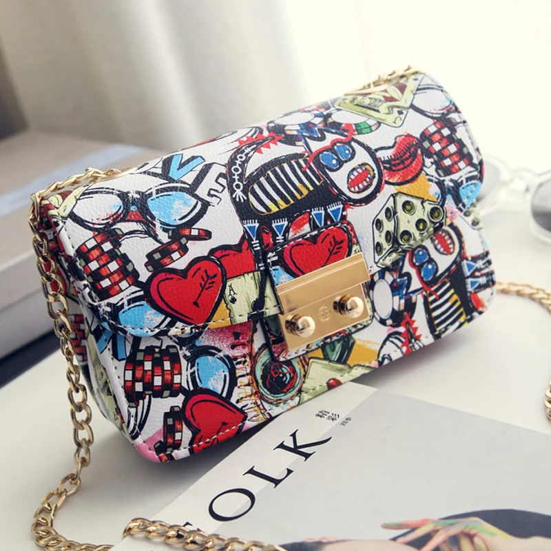 

CASMOR Women Leather 2019 Fashion Handbags Ladies Designer Graffiti Handbags High Quality PU Chain Mini Bag Shoulder Bags Purses