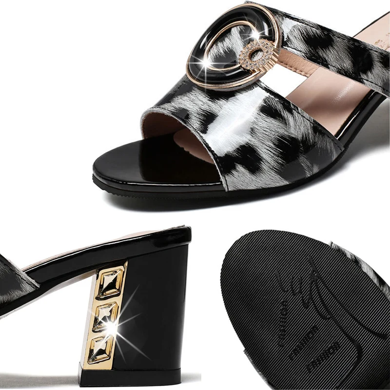 

Rhinestone Light Peep Toe Slides Retro Non-Slip Sandals Leopard PU Leather Hollow Out Metal Decoration Square Heel Slippers