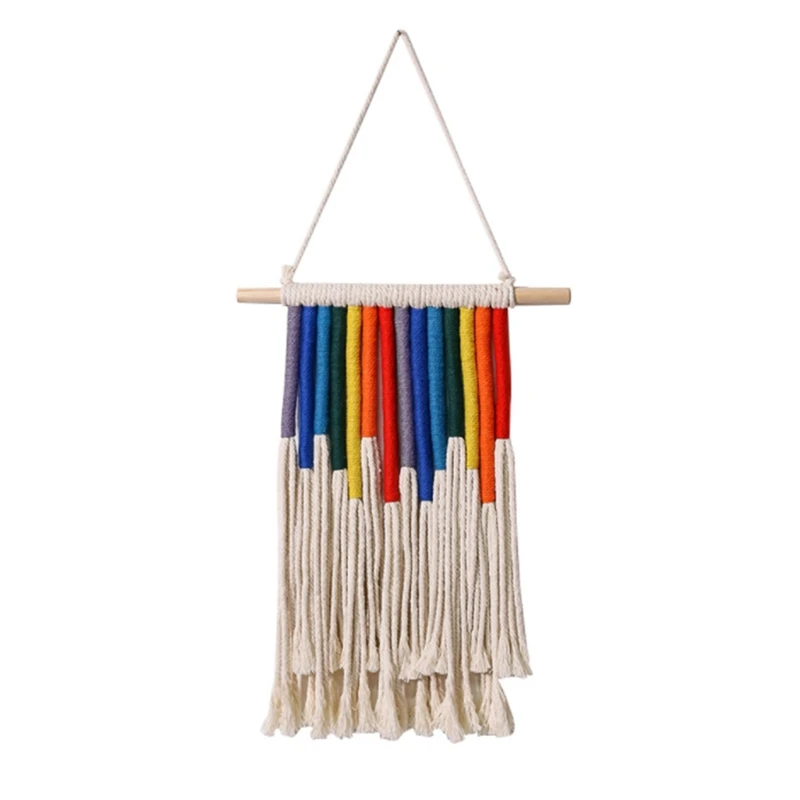

FQYL Braided Rainbow Tapestry Windchimes Cotton Rope Rainbow and Wood Wall Hangings Wind Chimes Hanging Decoration