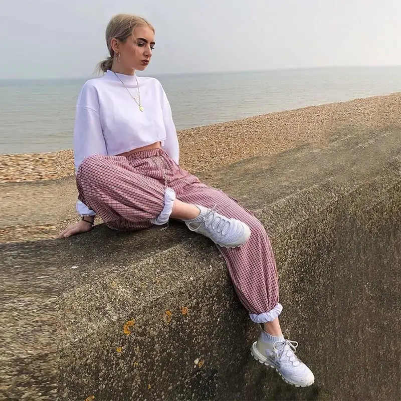 Nice Casual Striped Patchwork Cargo Pants Women High Waist Full Length Loose Bunch Legs Trousers | Женская одежда