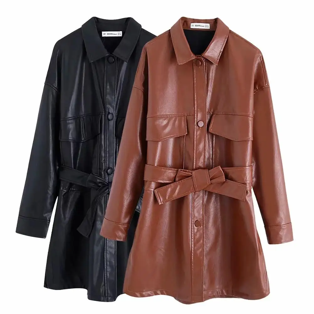 

ZA 2019 autumn winter womens jacket brown black PU leather vintage sashes outwear chic ladies coat female tops woman clothes