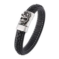 punk stainless steel dragon head magnetic buckle fashion leather bracelet men hand jewelry wristband male boy bangle gift ps0356