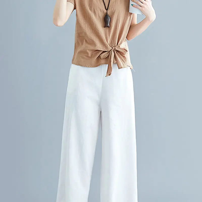 

Women 2021 Summer Fashion Two Piece Suits Female Solid Color O-neck Bow Tops Ladies High Waist Loose Wide-leg Pants Sets K97