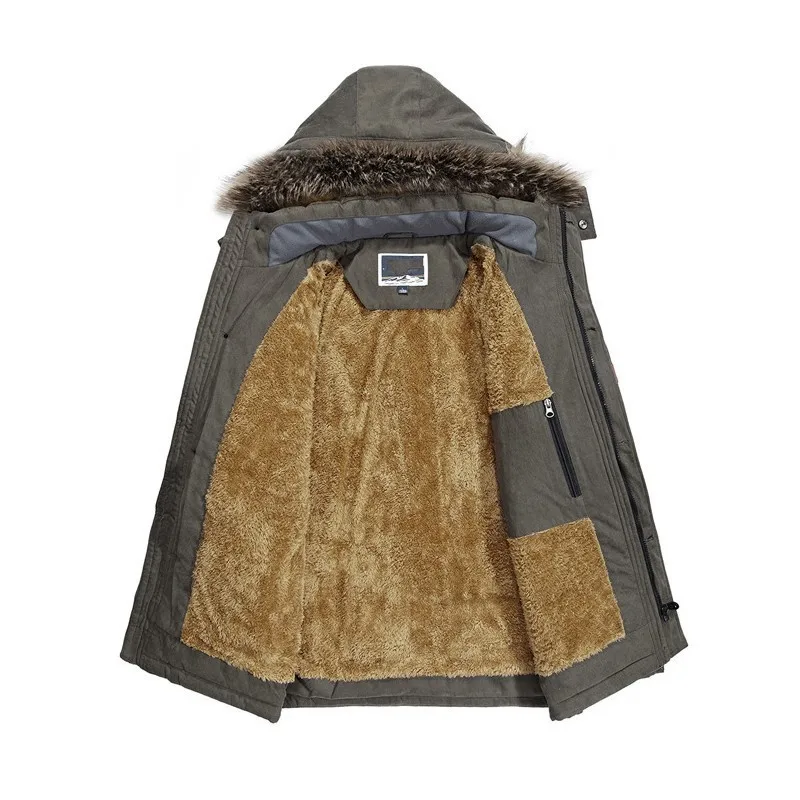 Mens Warm Winter Fur Lining Parka Fur Collar Hoody Mid Long Jacket Plus Size 7XL Windbreaker Overcoat Safari Style Man Parkas