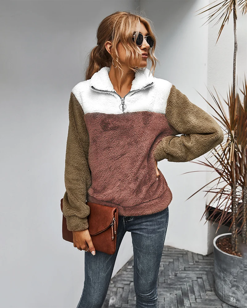 

Winter Plush Keep Warm Sweatshirts Hoodie Turn Down Collar Zip Hoodies Fleece Patchwork Thick Hoody Women Long Sleeve Casual