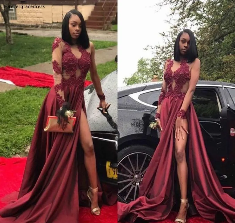 2019 темно красное платье для выпускного вечера черное девушек с высоким разрезом