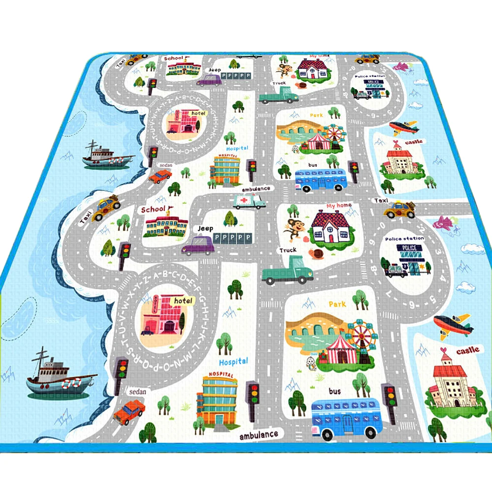 

200*180 Cm Baby Play Mat Learn To Walk Climbing Pad for Kids Toddler Road Buildings Parking Map Game Scene Map Educational Toys