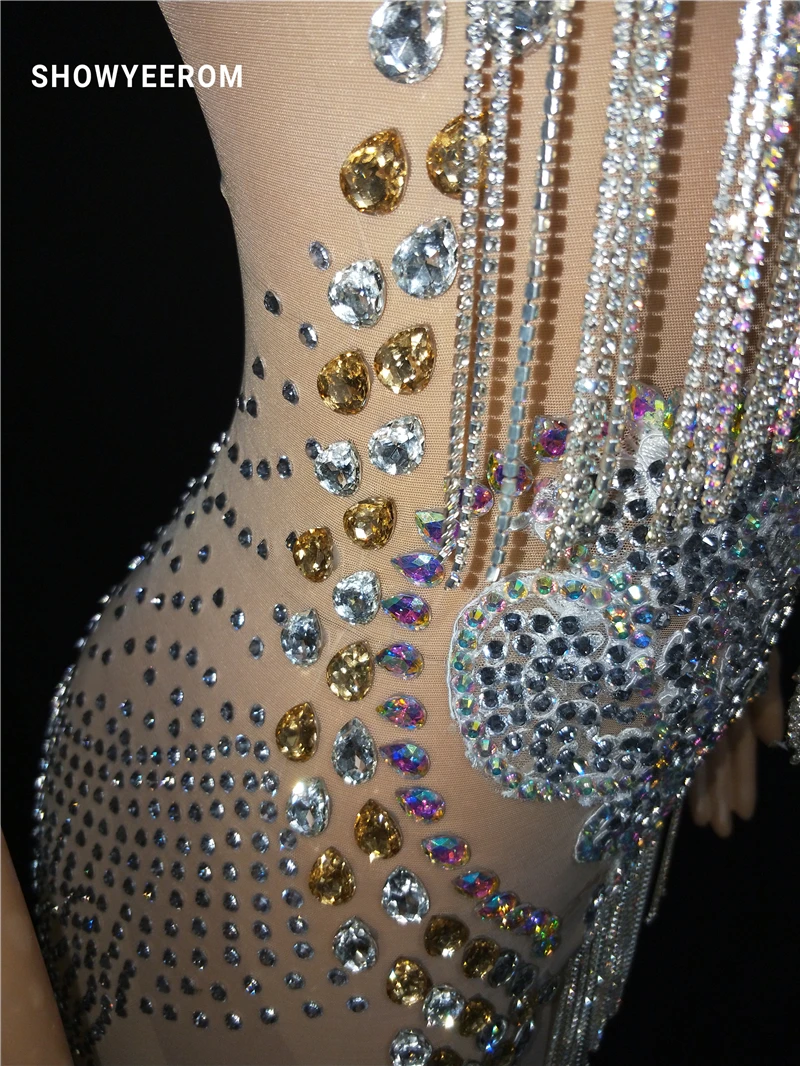Women Rhinestones Fringes Dress Stage Wear Transparent elastic mesh Singer Evening Performance Tassel dress short | Тематическая