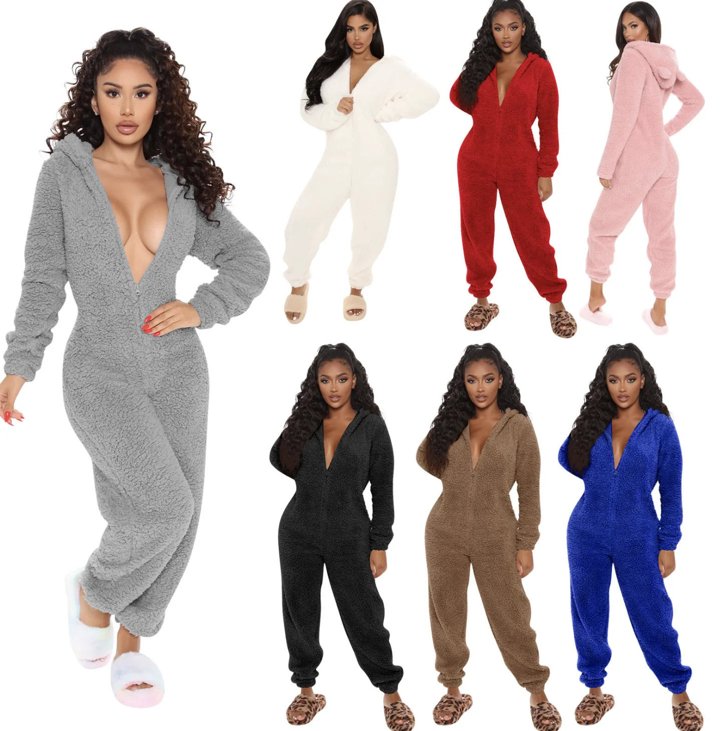 

New autumn and winter long sleeve hooded casual pants Plush home clothes pajamas cute Jumpsuit