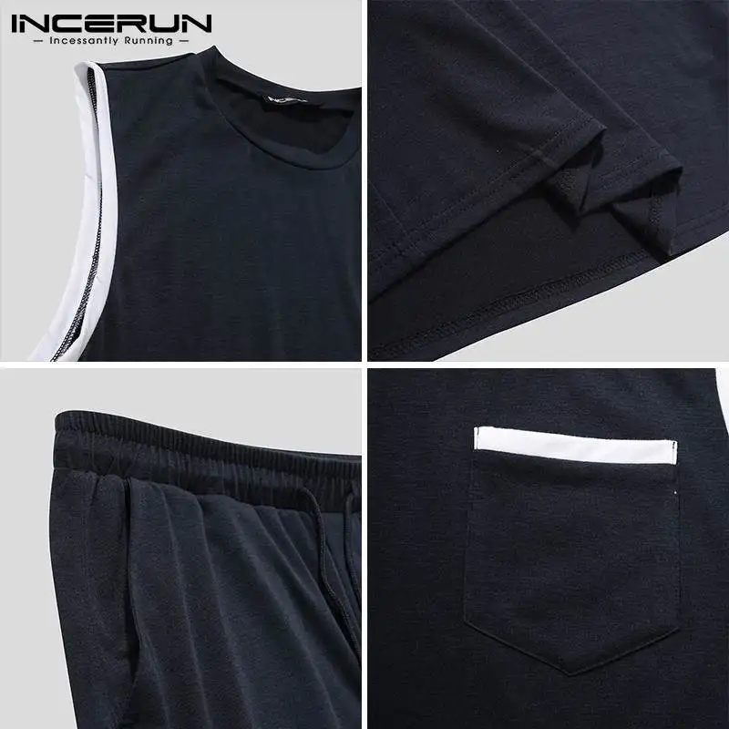 

INCERUN 2021 Men Sets Patchwork Sleeveless Tank Tops Drawstring Shorts Streetwear Cozy Bodybuilding Casual Men Suits 2 Pieces