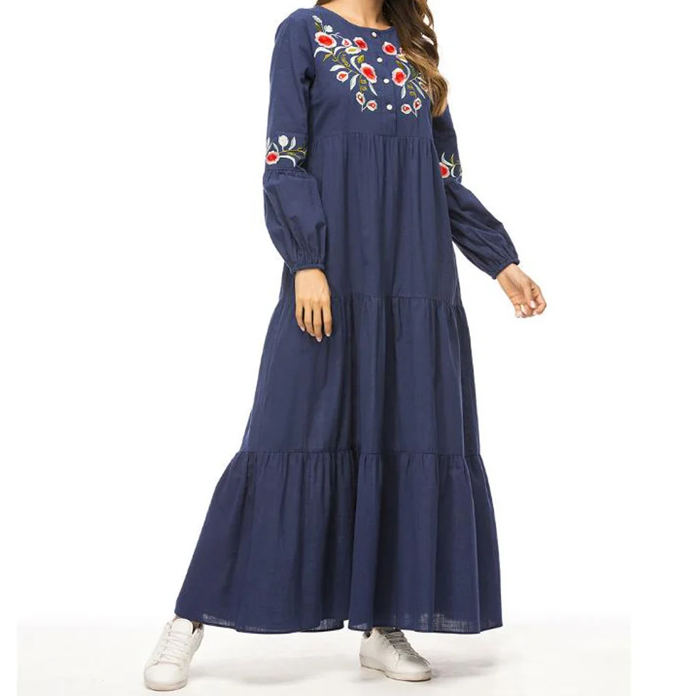 Plus Size Loose Kaftan Dress Vintage Floral Embroidery Muslim Maxi Long Sleeved Large Women Robe Longue Femme | Женская одежда
