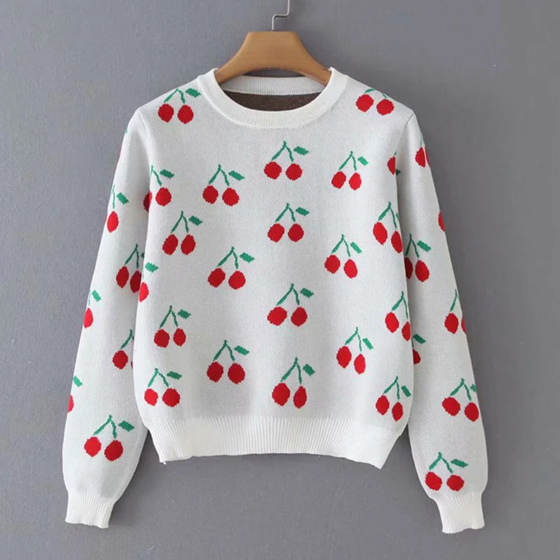 

Fruit Print Cherry Knit Women's Sweater Jumpers 2021 Autumn Outdoor Pullover Sweater Coat Women O Neck Loose Knitwear Tops