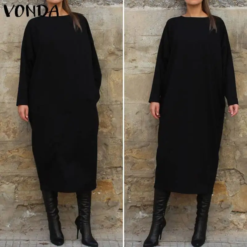 Платье-рубашка с длинным рукавом VONDA, женское повседневное одноцветное длинное платье, модное платье с круглым вырезом, Vestidos размера плюс, богемное платье 5XL