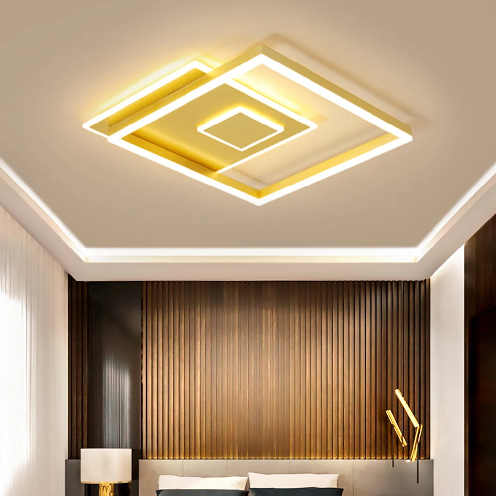 

современная Квадратный светодиодная светильник потолочный с Пультом Золотой Коричневый светильники потолочные затемнением с акриловыми ...