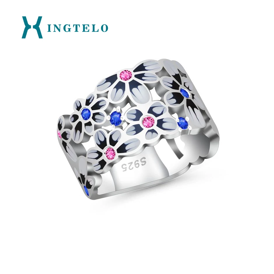

XINGTELO 925 Sterling Silver Engagement Ring for Woman Enamel Flower Romantic Wedding Gift Silver Jewelry Free Jewelry Box