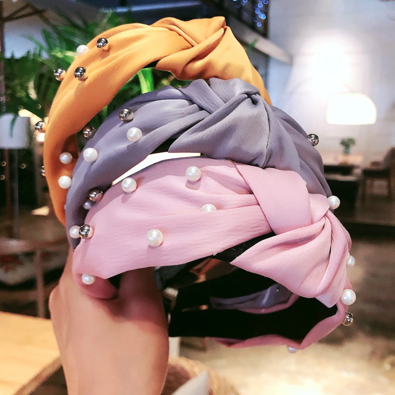 Корейский бант жемчужный ободок для волос модный однотонный широкий обруч