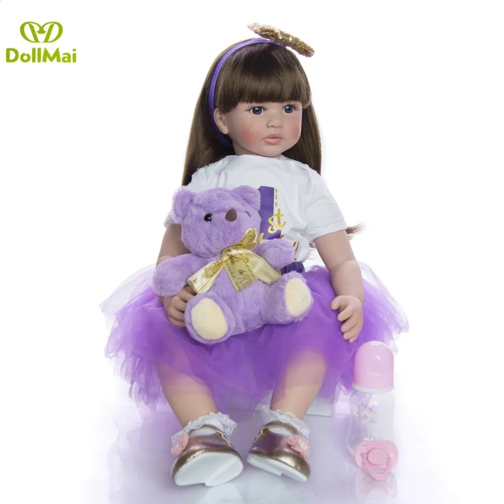 60cm big reborn toddler princess Handmade Silicone vinyl adorable baby doll in purple dress with bear plush bebes - купить по