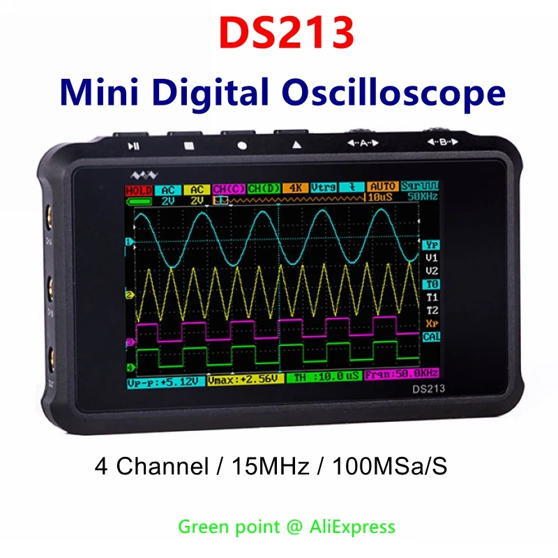 Цифровой осциллограф DS213 ЖК-дисплей 4 канала 15 МГц 100 Мвыб./с портативный