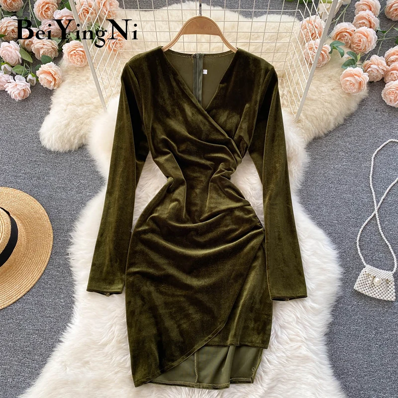

Beiyingni осенне-зимние сексуальные платья, женские бархатные весенние с длинным рукавом, роскошные однотонные черные мини-платья, обтягивающи...
