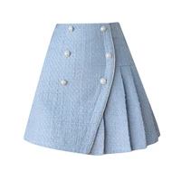perhaps u women woolen spliced pockets pearl buttons irregular slim a line pleated mini short skirt with lining s3016