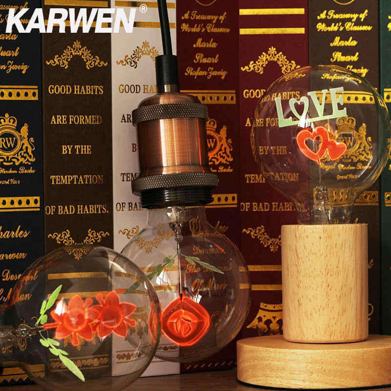 

KARWEN vintage Edison Bulb E27 night light G80-Rose & Flower & I-Love-You Holiday wedding christmas decor for Pendant Lamp