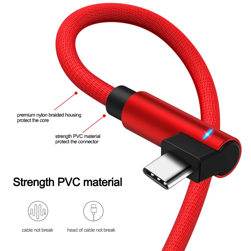 USB кабель для быстрой зарядки usb Type C LED 90 градусов Samsung S8 S9 Note 9 8 Xiaomi mi8 6|Кабели