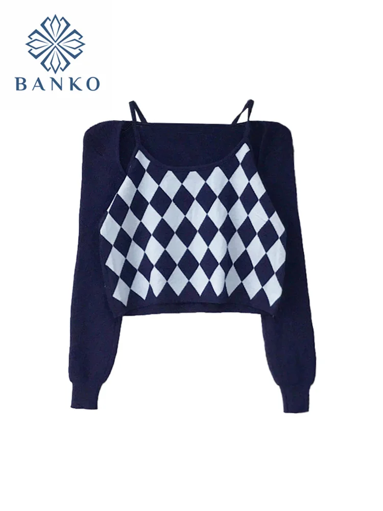 

Chic Sweaters Strap Argyle Spliced Long Sleeve Knitted Crop Top Pull Femme 2021 Spring Autumn Fashion Streetwear Women Clothing