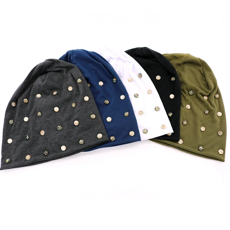 

Women Winter Pearls Cotton Beanies Hats For Ladies Black Rhinestones Slouch Skullies Beanies Autumn Female Oversize Bonnet Hats
