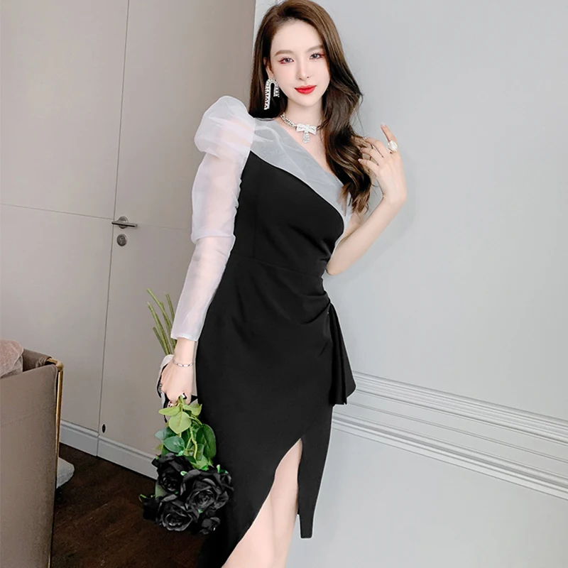

Fashion Korean Women Retro Sexy Diagonal collar One-Shoulder Midi Party Club Dress Elegant Coffee Break Chic Ruffle Female Dress