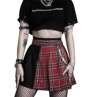 mall goth emo red plaid pleated mini chain skirt for women gothic punk girls alt clothes high waist patchwork skirts with chain