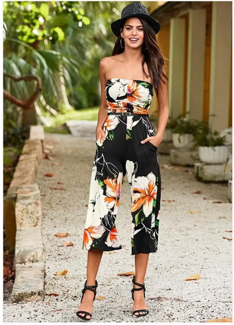 

Women Sexy Playsuit Summer Slash Neck Breast Wrap Sexy Summer Thin Mid Jumpsuits Print Casual Female Fashion Playsuits Lugentolo