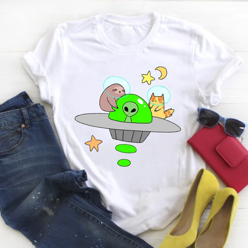 Женская забавная модная футболка с принтом из мультфильма UFO Alien Cat летняя женская