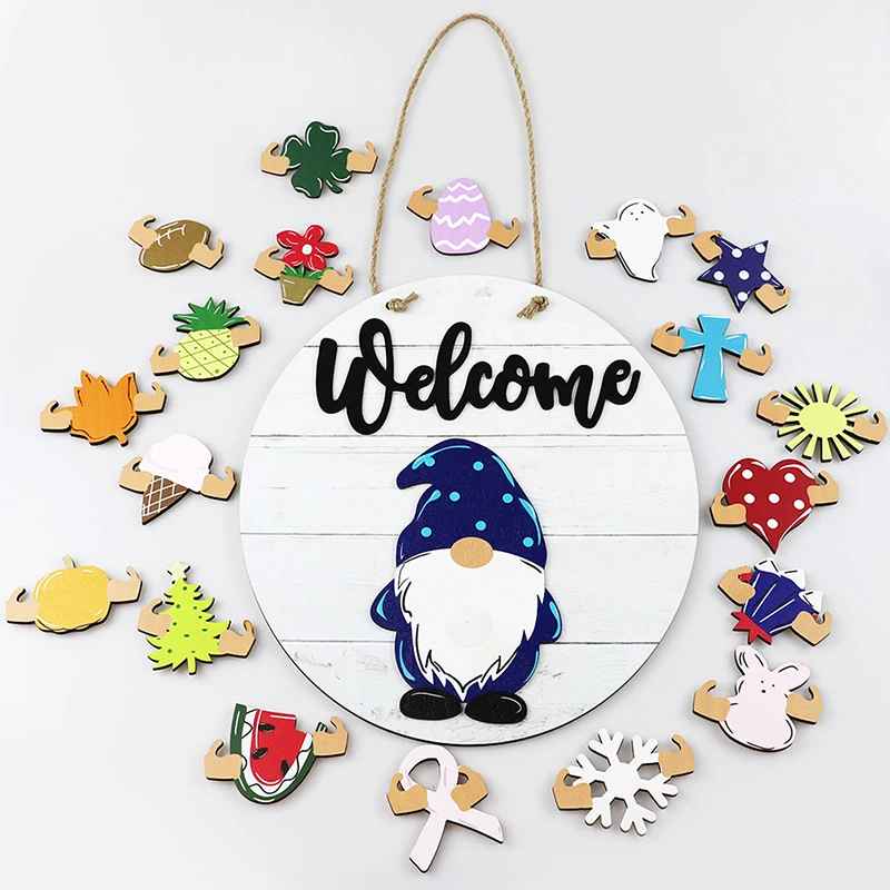

Santa Claus Welcome Door Sign White Wooden Door Hanger Plaid Ornaments