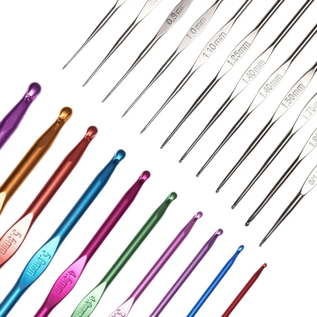 

22 Pcs/Set Ergonomic Multi Colour Stainless Steel Crochet Hooks Yarn Knitting Needles 2-8mm Sewing Tools with Case
