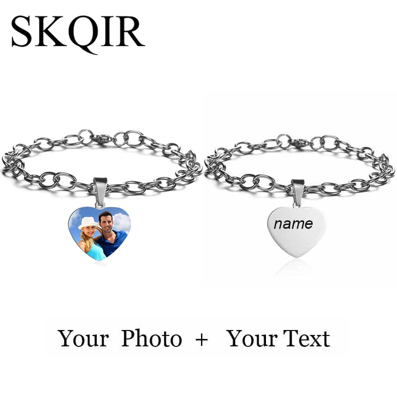 Custom Heart Silver Браслет на заказ с выгравированным именем и датой Pulseira, нержавеющая сталь, персонализированная табличка, фото, браслет для женщин, ID, лучший друг, подарок - Окраска металла: Custom Heart Silver