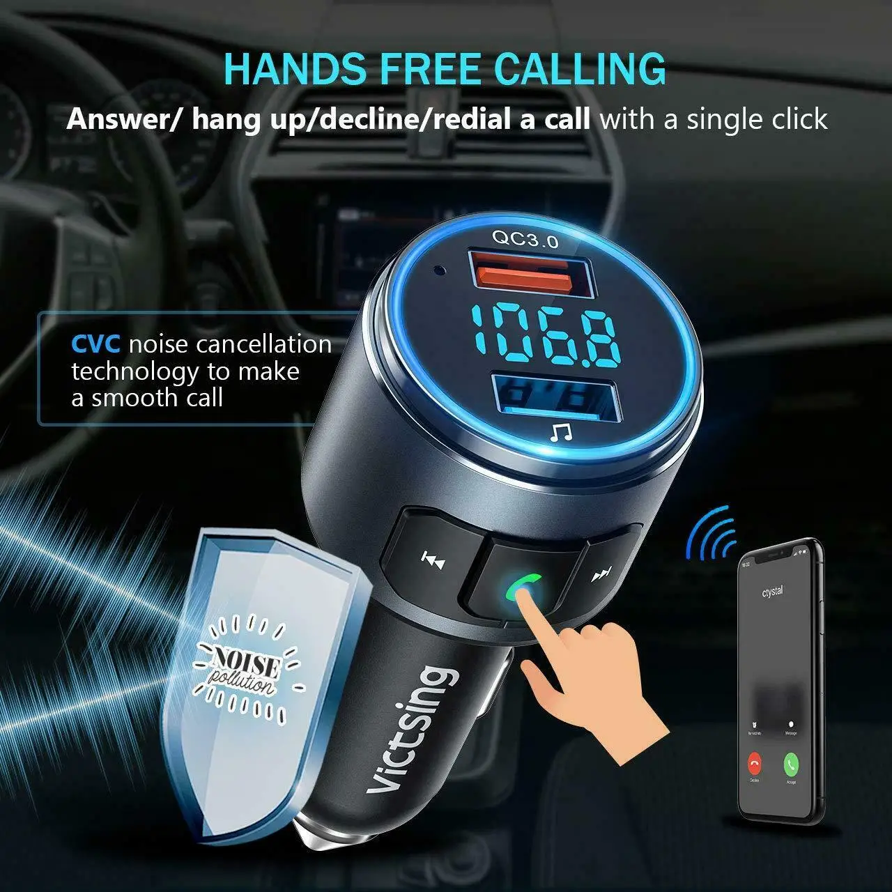 VicTsing Модернизированный V5.0 Bluetooth fm-передатчик радио адаптер автомобильный Громкая связь вызов 2 usb порта и QC3.0 быстрое зарядное устройство fm-передатчик